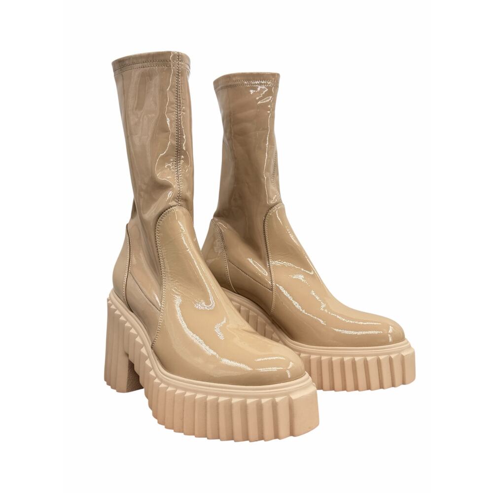 AGL Tiggy Stretch Patent Leather Bootie SZ 9 Women's Beige‎ Pull On 100 MM Heel